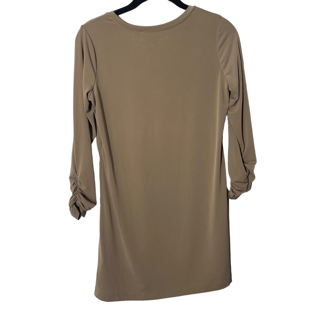 Susan graver tan XXS ruched sleeves knit shirt comfort soft v neck minimalist - Picture 2 of 10